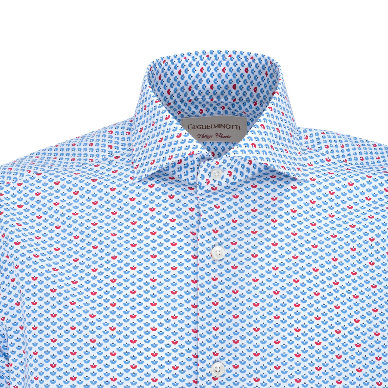 GUGLIELMINOTTI Camicia In Cotone Microfantasia Geometrica Uomo Bianco Blu Rosso GUG/1U4DFUR FB7BIANCO.BLU.ROSSO 