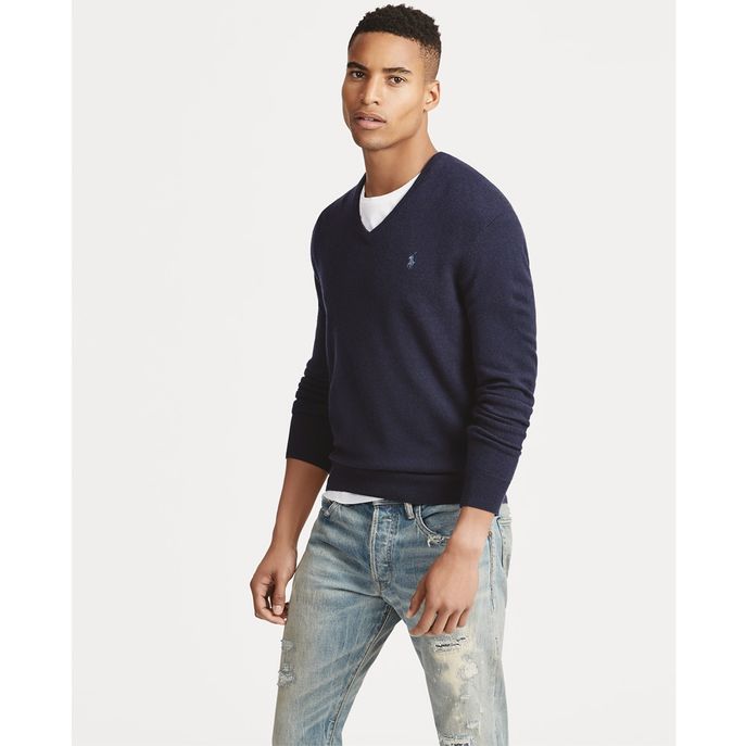 POLO RALPH LAUREN Pull Scollo A V In Lambswool Uomo Blu Navy 710667377 002 BLU NAVY 