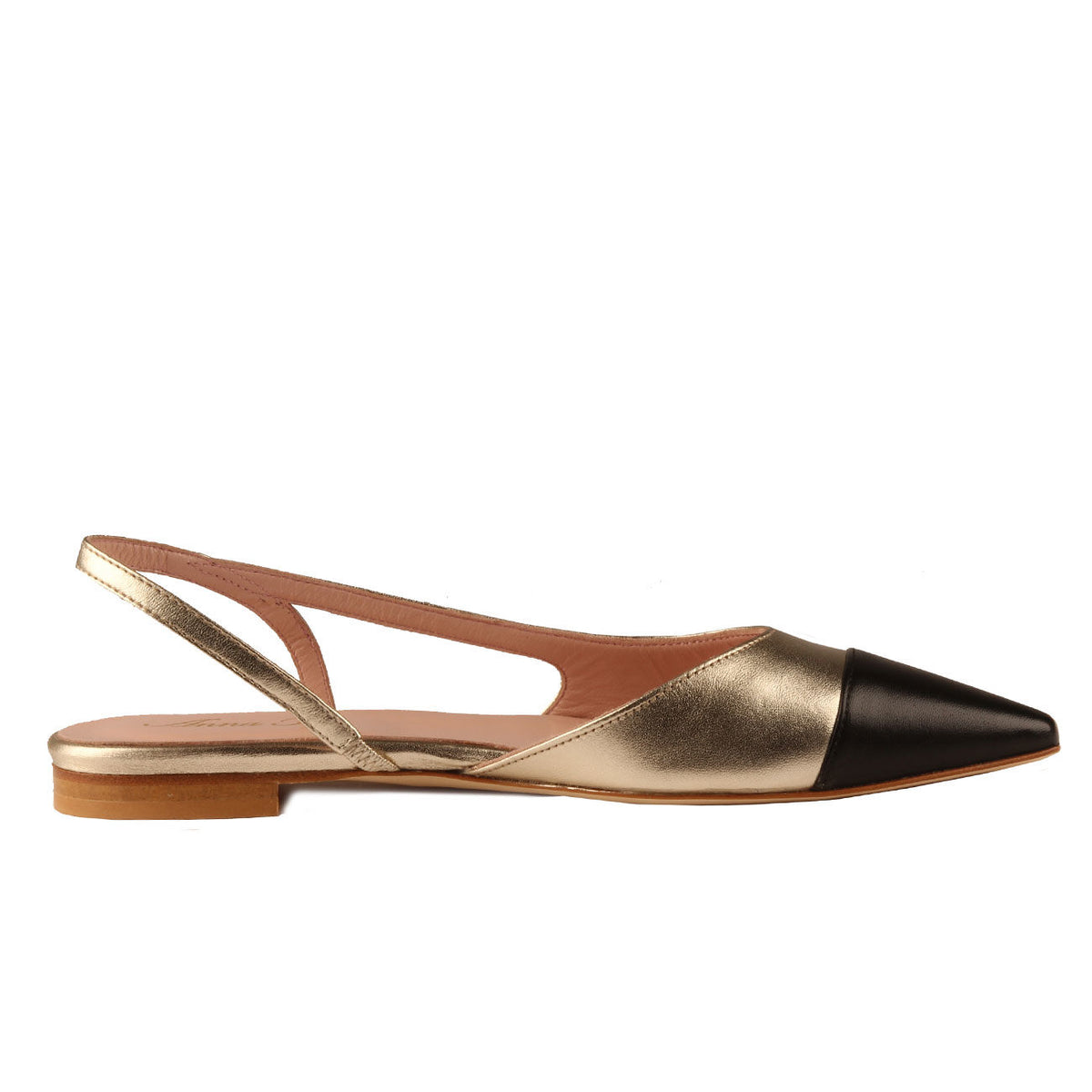 ANNA F. SCARPE D. BASSA SLING BACK T.10 GLAT BICOLORE TOM.LAMINATO PLATINO/CUOIO NAPPA NERO ANNAF 1412/196 ORO/NERO 