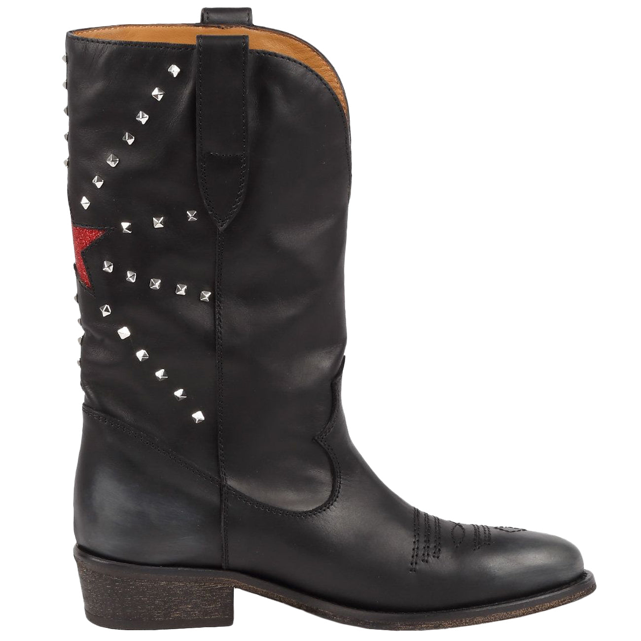 VIA ROMA 15 Camperos In Pelle Con Borchiette E Stella Glitter Donna Nero Rosso 3323 NERO/ROSSO 