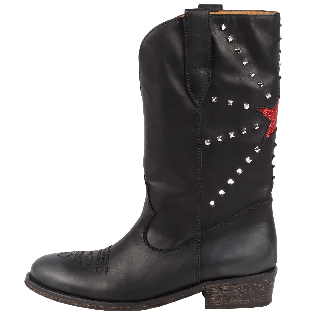 VIA ROMA 15 Camperos In Pelle Con Borchiette E Stella Glitter Donna Nero Rosso 3323 NERO/ROSSO 