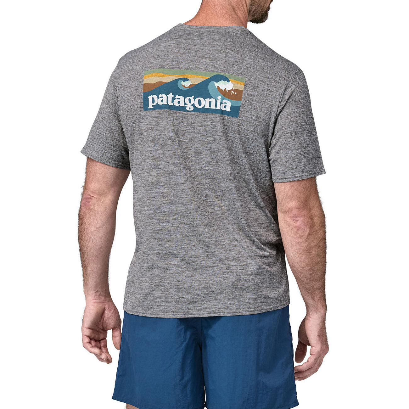 PATAGONIA Tshirt Cool Daily Graphic Waters Uomo Abalone Blue Feather Grey 45355 BLAF BOARDSHORT LOGO BLUE GREY 