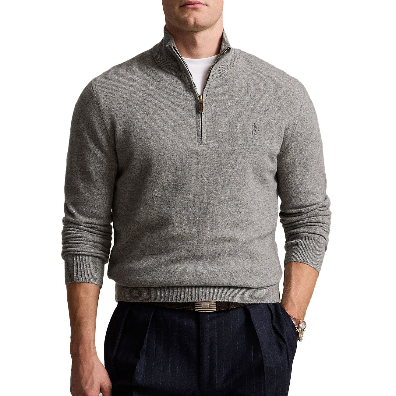 POLO RALPH LAUREN Pullover Mezza Zip In Lana Merino Uomo Fawn Grey Heather 710876756 009 FAWN GREY HEATHER 