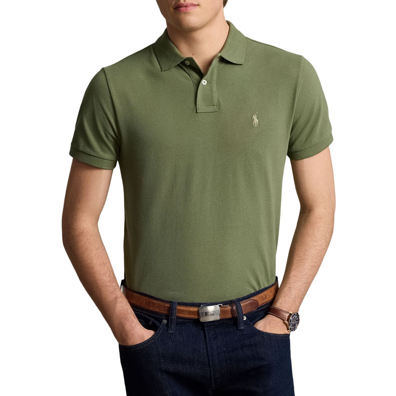 POLO RALPH LAUREN Polo Slim Fit Mesh Uomo Verde 710536856 436 GARDEN TRAIL/C8668 