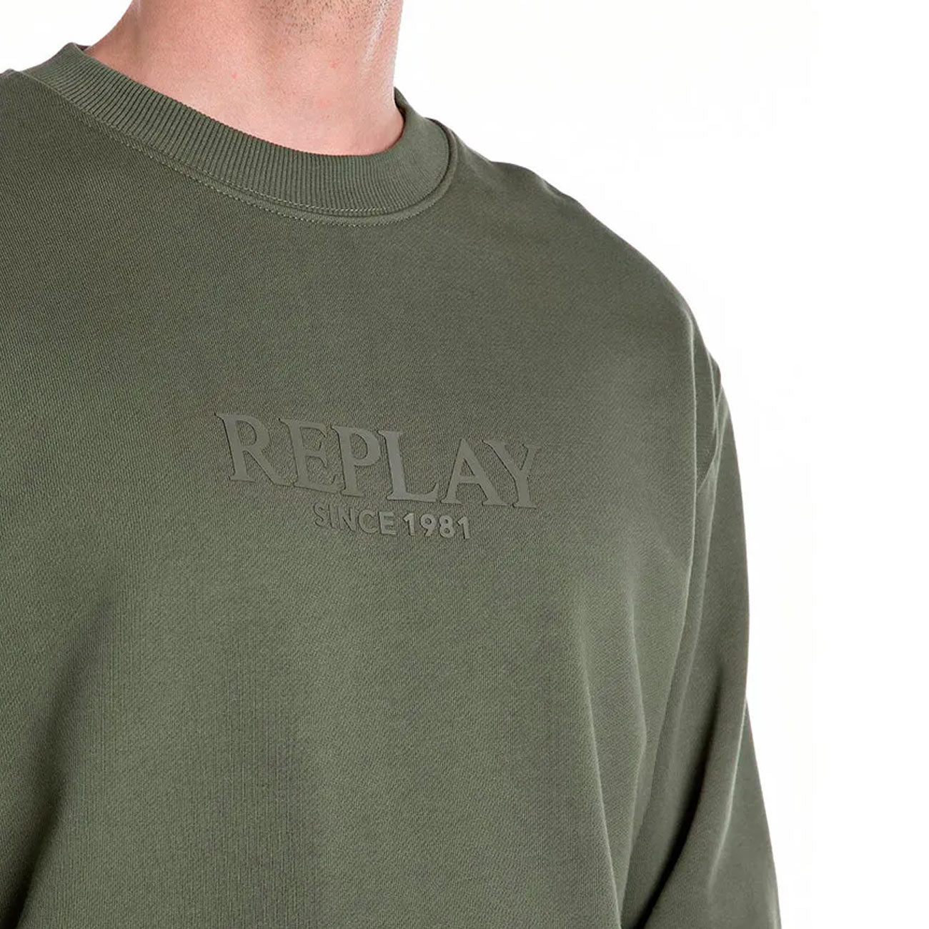 REPLAY Felpa Girocollo Con Ricamo Lettering Uomo Verde Militare M3076.000.23802 438 MILITARY GREEN 