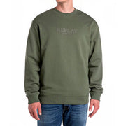 REPLAY Felpa Girocollo Con Ricamo Lettering Uomo Verde Militare M3076.000.23802 438 MILITARY GREEN 