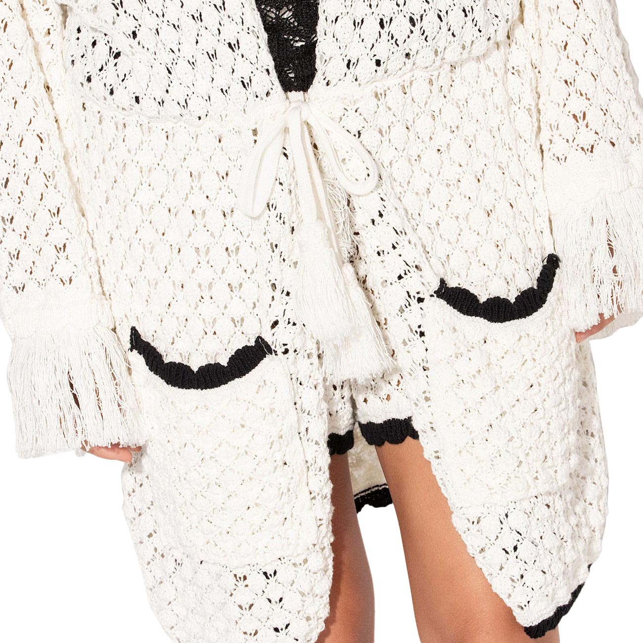 AKEP Cardigan Lungo Con Cappuccio E Profili A Contrasto GBKD13252 BIANCO/NERO 
