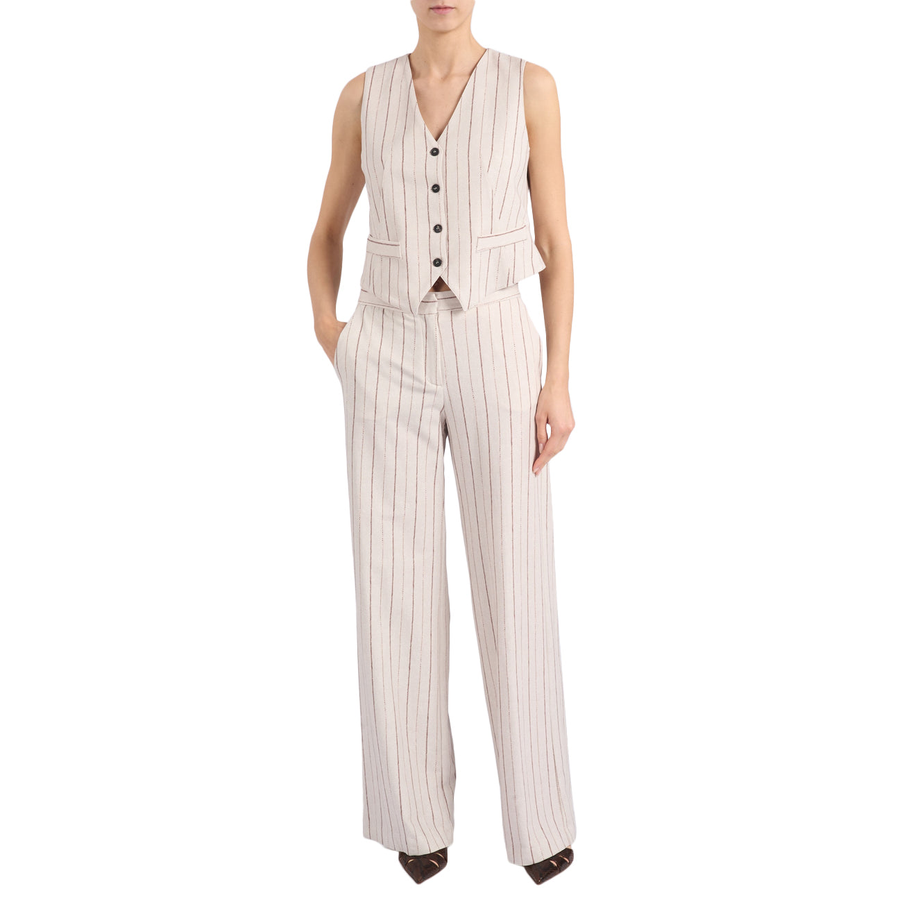 GOODMATCH Pantalone Palazzo Gessato Tessuto Circolo Jersey AP0230 G07 BEIGE PINSTRIPE 
