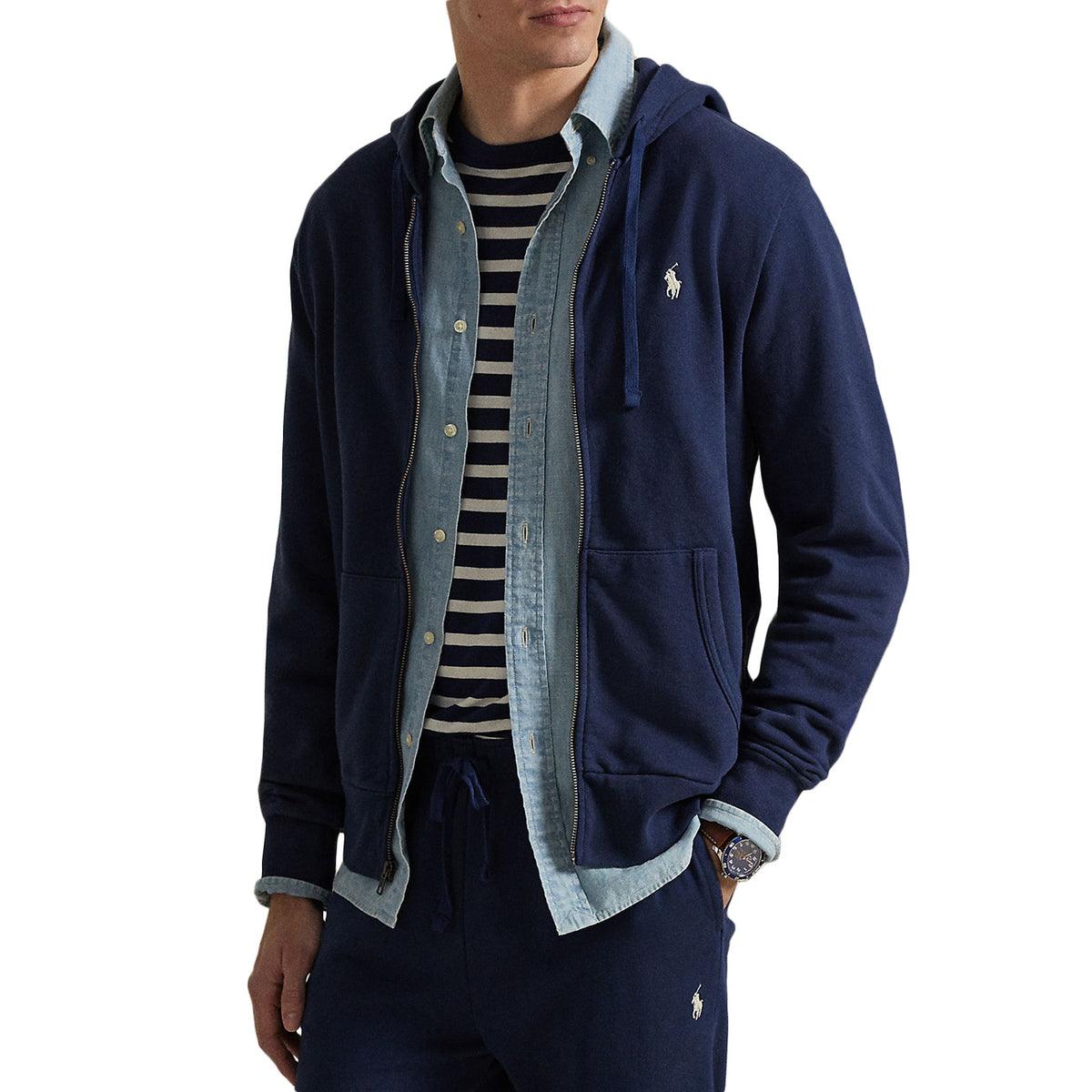 POLO RALPH LAUREN Felpa Con Cappuccio Con Zip Garzata Stone Wash 710916692 014 CRUISE NAVY 
