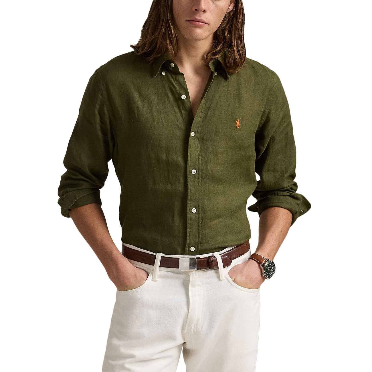 POLO RALPH LAUREN Camicia Di Lino 710966294 004 NEW OLIVE 