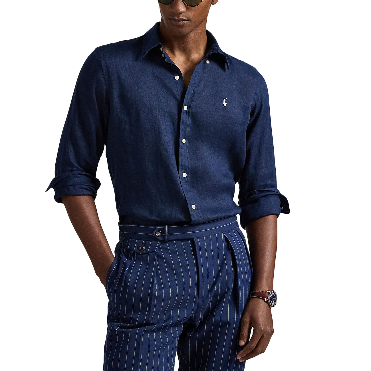 POLO RALPH LAUREN Camicia Di Lino 710966294 504 NEWPORT NAVY W/WHITE PP 
