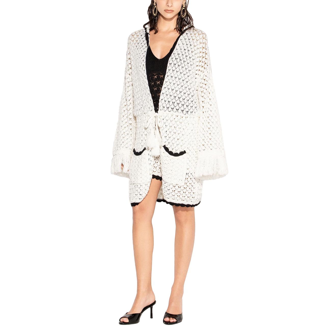 Cardigan Lungo Con Cappuccio E Profili A Contrasto GBKD13252 BIANCO/NERO AKEP 