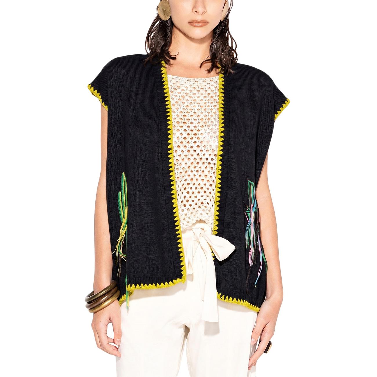 Cardigan Smanicato Con Bordi A Contrasto E Motivo Grafico GLKD13049 NERO AKEP 