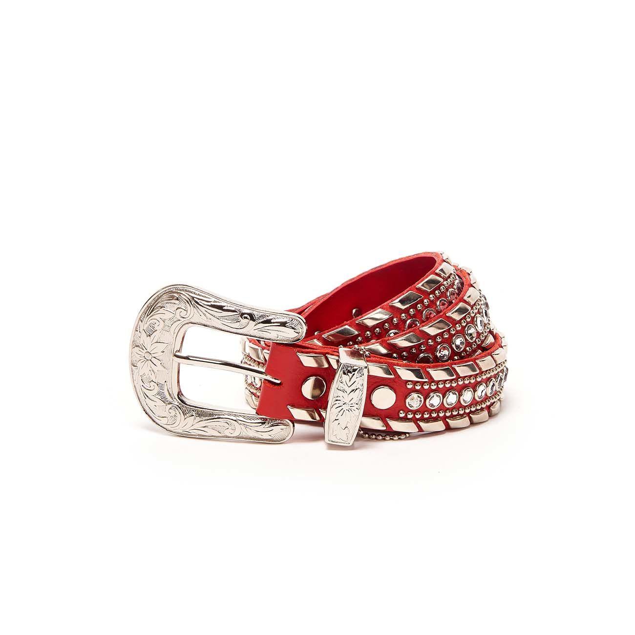 Cintura Media Swarovsky E Borchie Fibbia Decorata Donna Rosso Silver SWABOMEDIAFDEC ROSSO.SILVER KIPPYS 