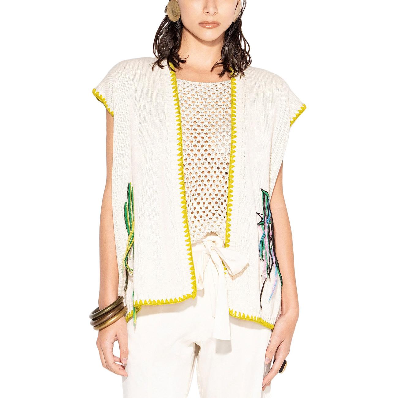 Cardigan Smanicato Con Bordi A Contrasto E Motivo Grafico GLKD13049 PANNA AKEP 