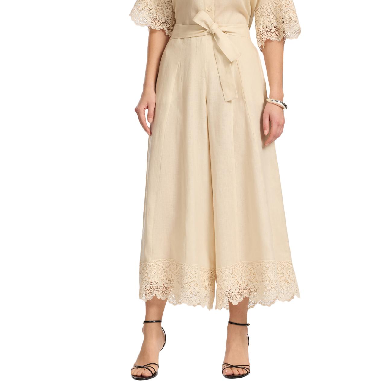 Pantalone Cropped In Lino Con Pizzo P184P000417N 02 SABBIA ELENA MIRO' 