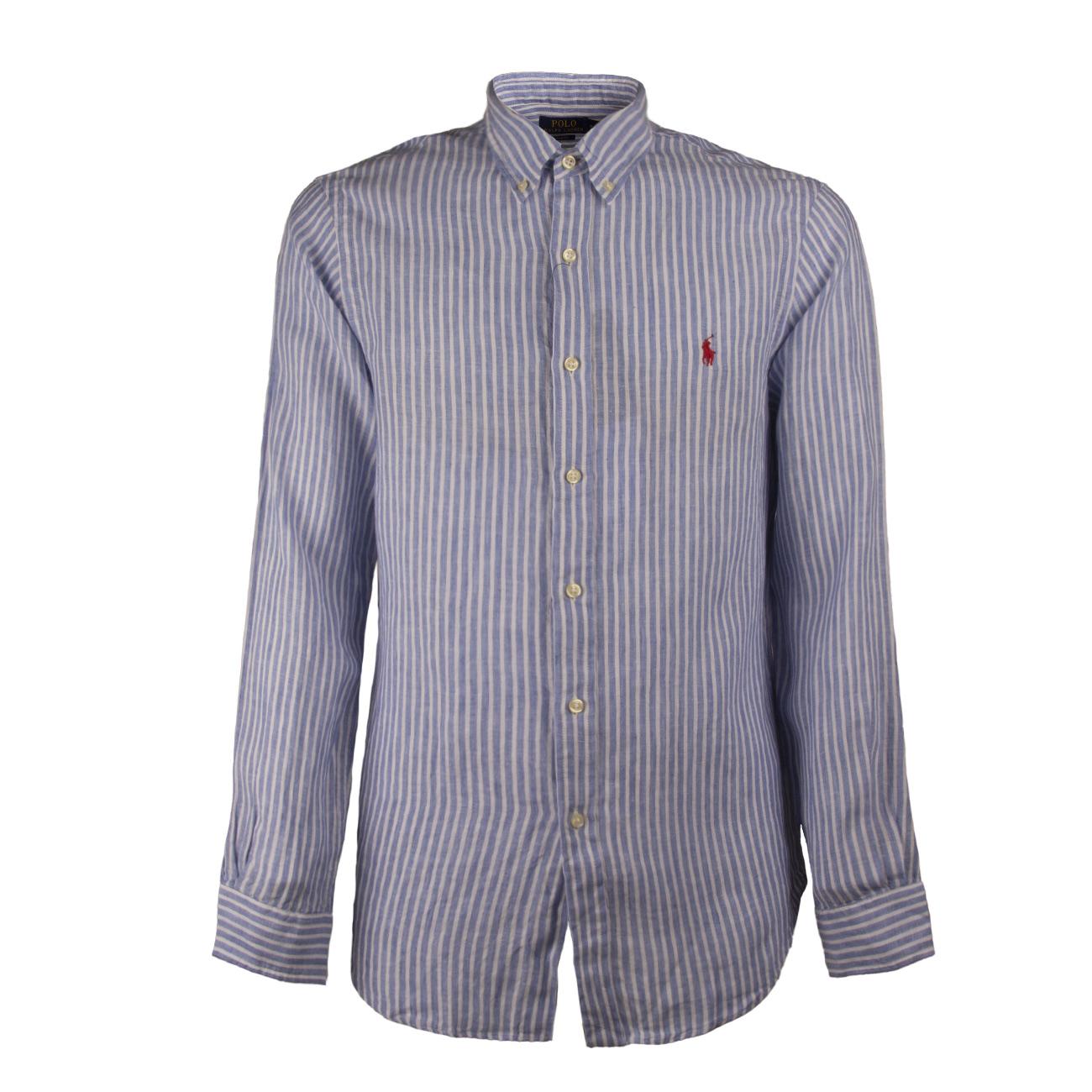 Camicia Lino Rigata Uomo Blu Bianco 710912896 BLUE/WHITE POLO RALPH LAUREN 