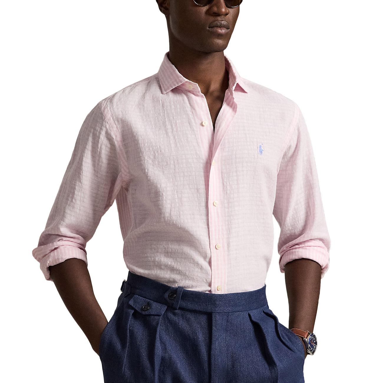 Camicia Seersucker A Righe 710B16700 002 7232B PINK WHITE POLO RALPH LAUREN 