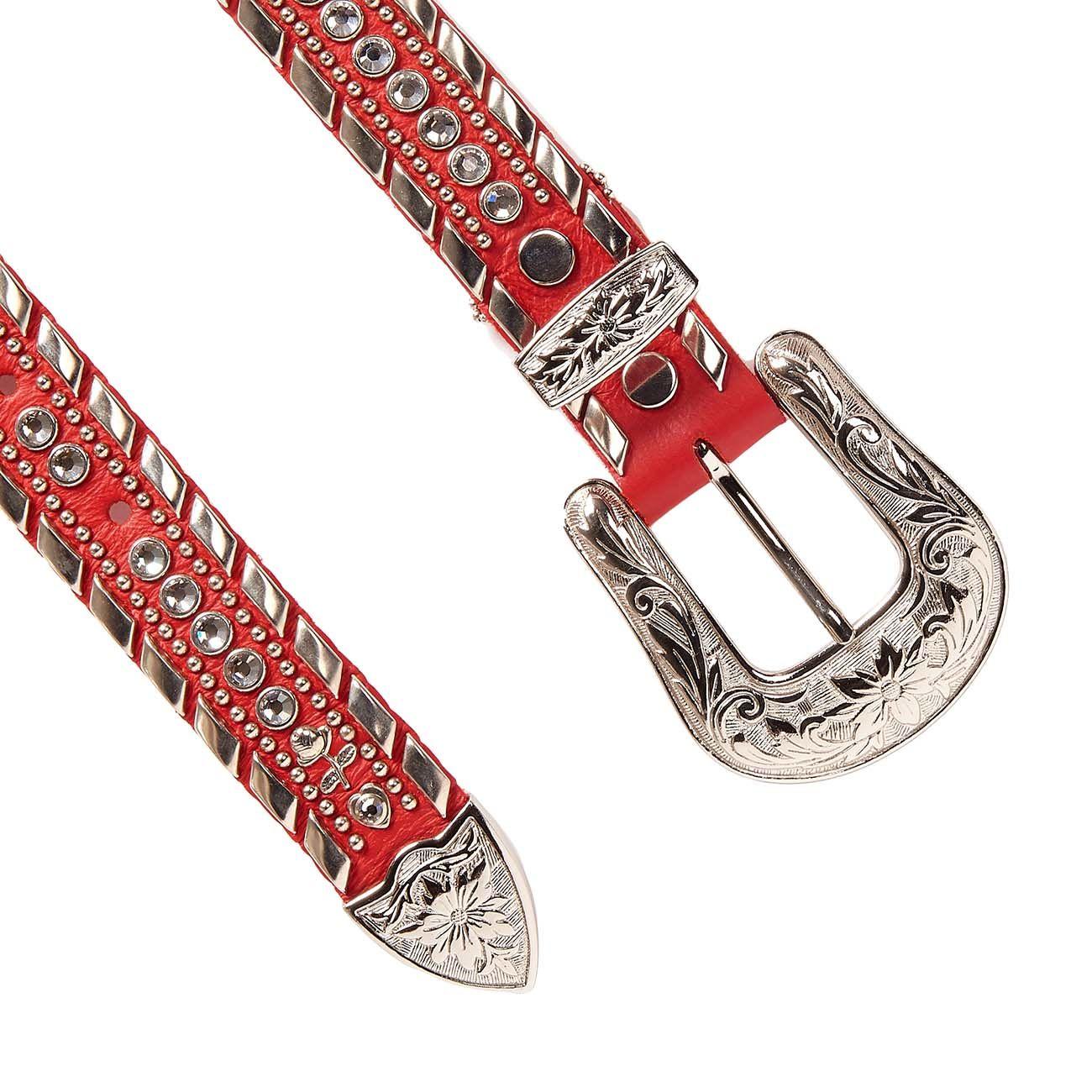 Cintura Media Swarovsky E Borchie Fibbia Decorata Donna Rosso Silver SWABOMEDIAFDEC ROSSO.SILVER KIPPYS 