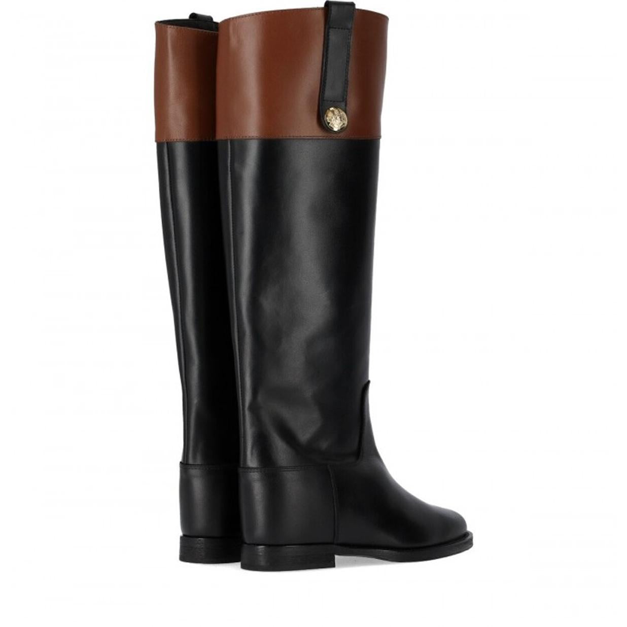 Stivali Alti Con Bottone Bicolor Donna Nero Noce 3804/SANTAMONICA NERO/NOCE VIA ROMA 15 