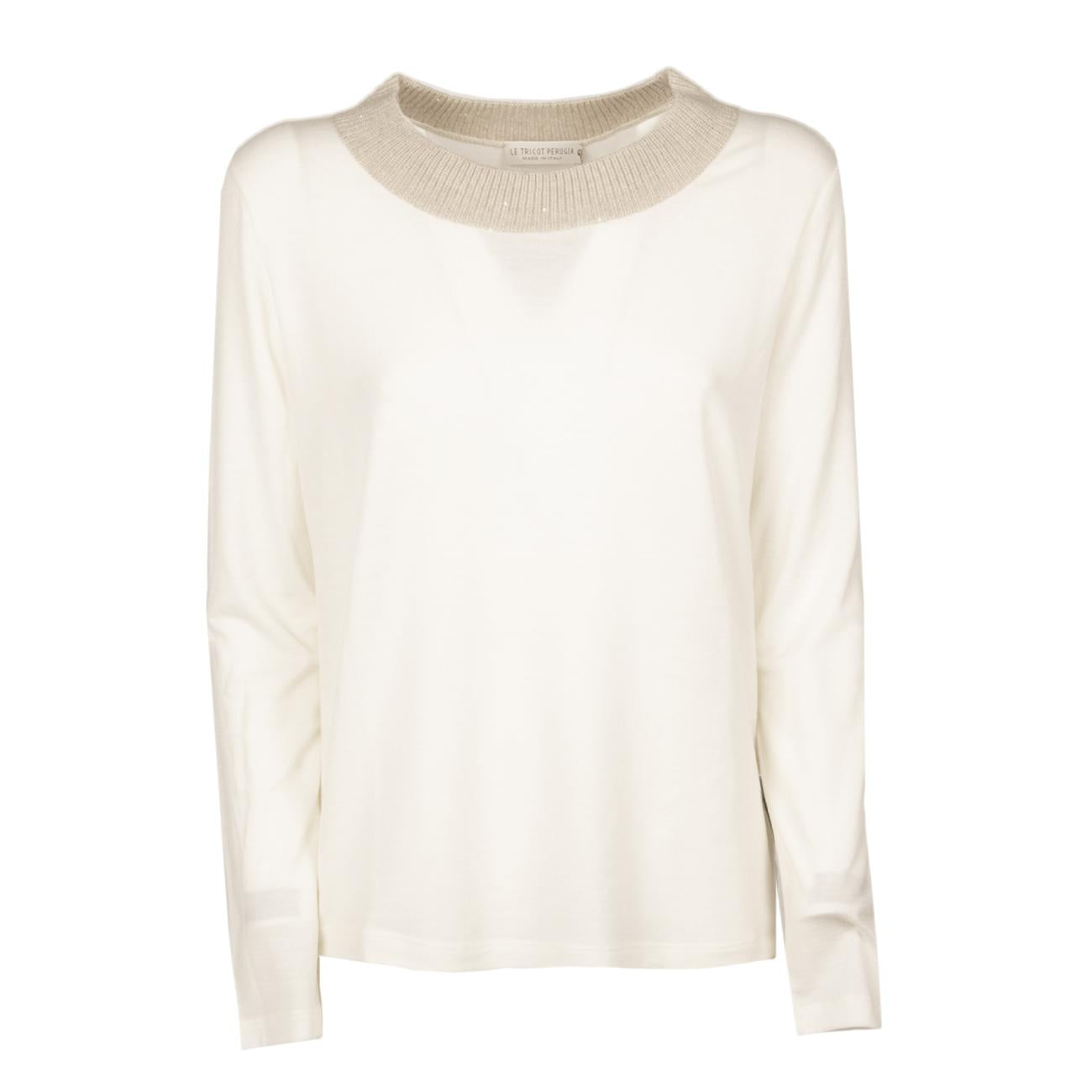 Blusa In Lana Stretch Donna Bianca E Beige 66458 9295 WHITE+BEIGE LE TRICOT PERUGIA 