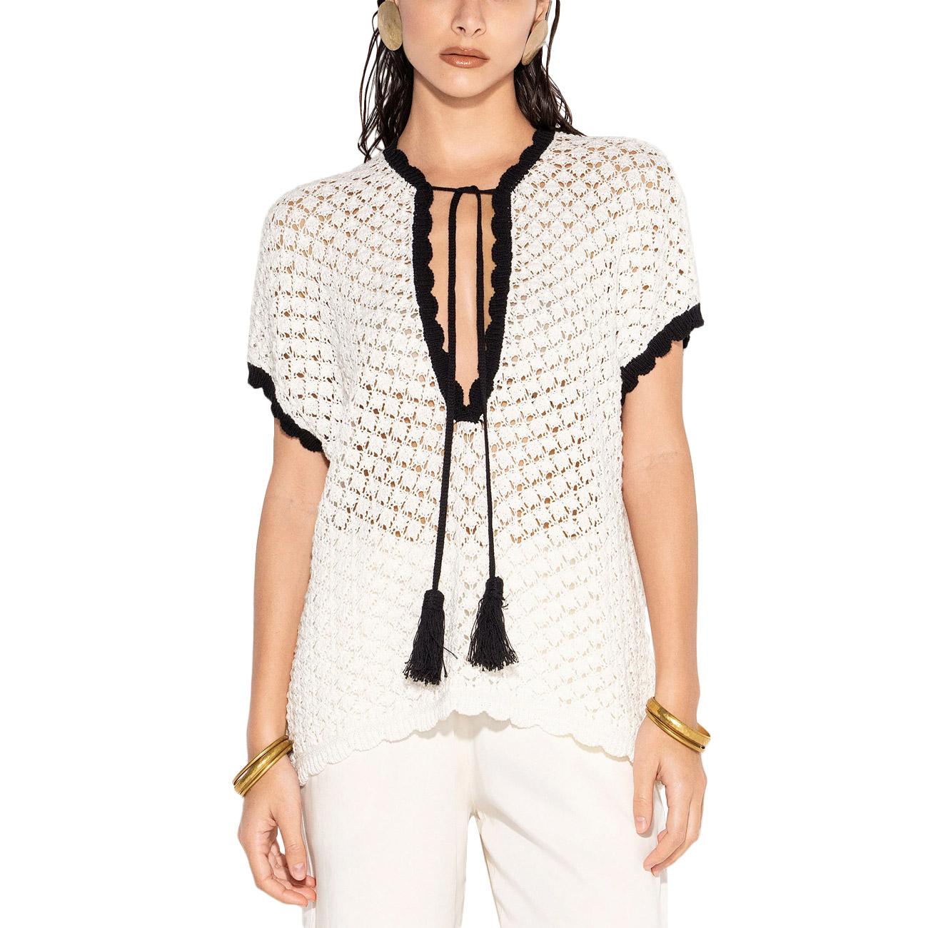 Maglia Con Profili A Contrasto E Lacci Con Nappine MGKD13251 BIANCO/NERO AKEP 