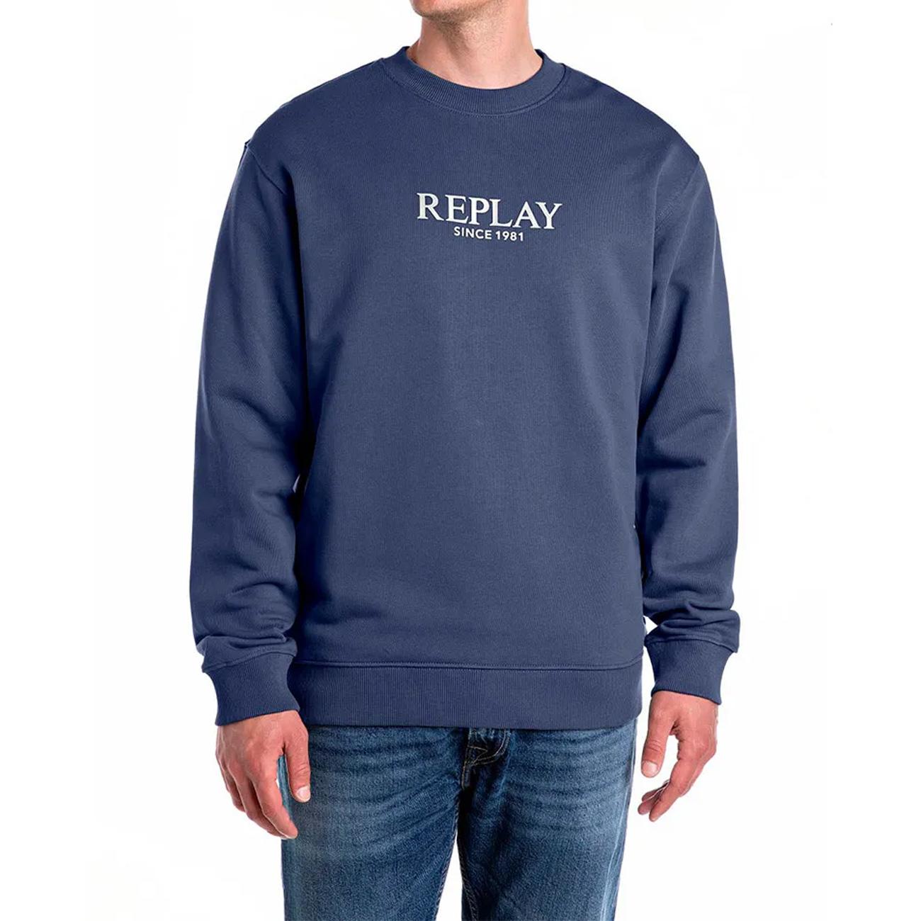 REPLAY Felpa Girocollo Con Ricamo Lettering Uomo Blu M3076.000.23802 282 BLUE 